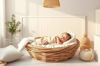 Baba bébi ágyban fekszik, kényelmes környezetben pihenve.