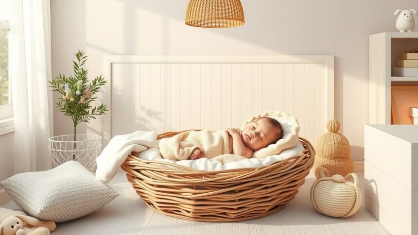 Baba bébi ágyban fekszik, kényelmes környezetben pihenve.