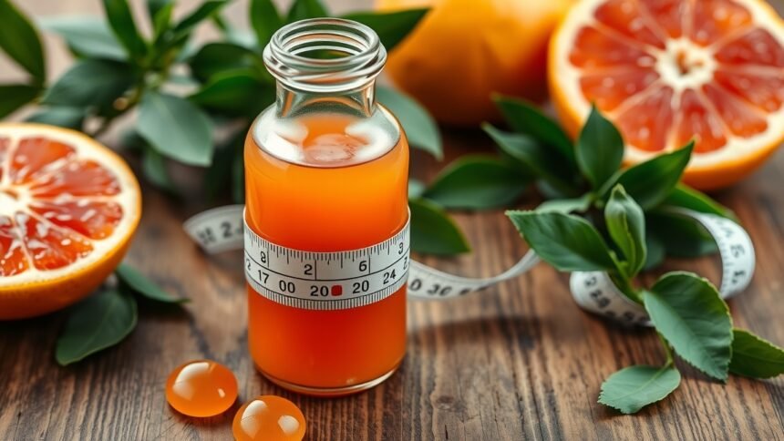 Grapefruit cseppek és friss grapefruit gyümölcsök