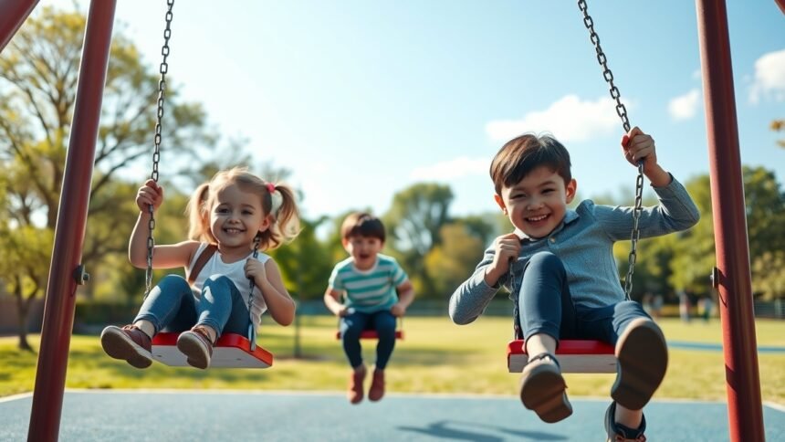 Gyerekek hintáznak a játszótéren, fejlesztve mozgás- és szociális készségeiket.