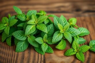 Friss fodormenta levelek egy fából készült asztalon.