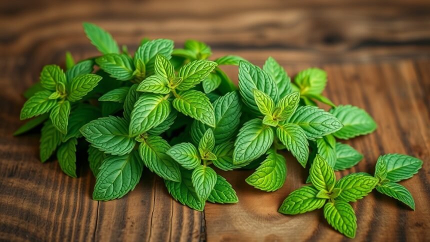 Friss fodormenta levelek egy fából készült asztalon.