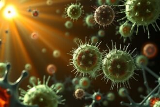 Mikroszkopikus nézet gamma-sugárzás hatásairól az élő sejtekre.