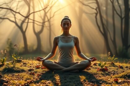 Nő lótuszülésben meditál egy napsütötte erdőben