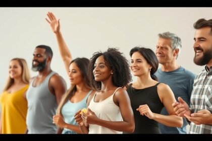 Különböző emberek csoportja, akik boldogan állnak együtt, egészséges életmódot sugallva.