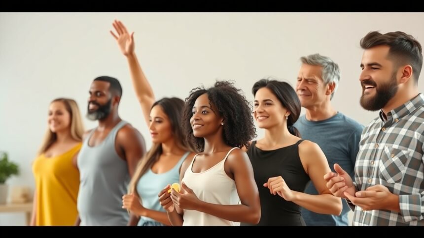 Különböző emberek csoportja, akik boldogan állnak együtt, egészséges életmódot sugallva.