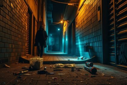 Elhagyatott sikátor angyalpor után, szemetelés és sötét hangulat.