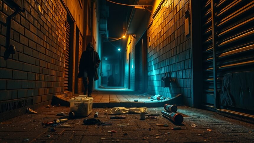 Elhagyatott sikátor angyalpor után, szemetelés és sötét hangulat.