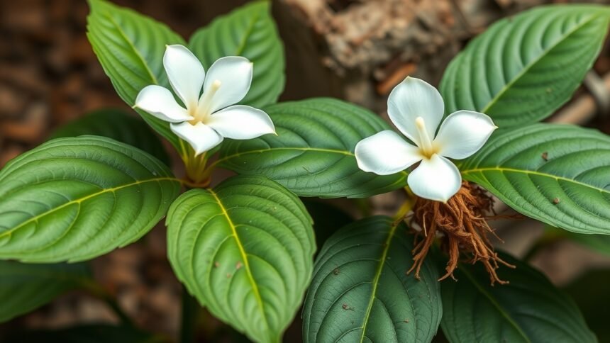 Pueraria Mirifica növény fehér virágokkal és zöld levelekkel.