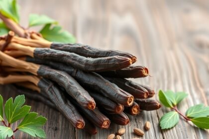 Édesgyökér gyökerek friss levelekkel a faasztalon.