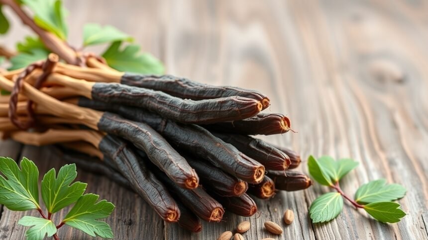 Édesgyökér gyökerek friss levelekkel a faasztalon.