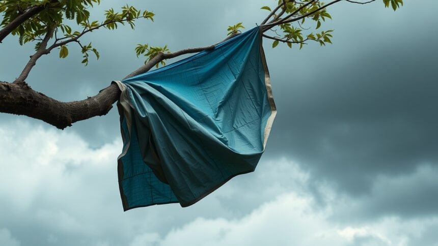 Vándorfólia a fán, figyelmeztető jel a használat veszélyeiről.