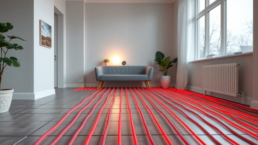 Modern padlófűtés rendszer egy otthonban, hangsúlyozva az egészségügyi kockázatokat.