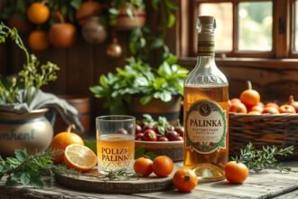 Pálinka üveg és citrus gyümölcsök a hagyományos konyhában.