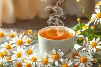 Friss kamillatea gőzölgő csészében, kamillavirágokkal körülvéve.
