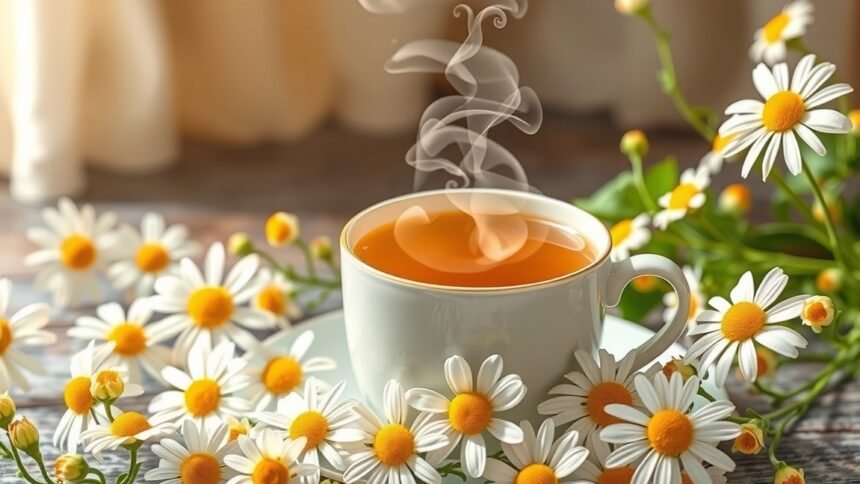 Friss kamillatea gőzölgő csészében, kamillavirágokkal körülvéve.