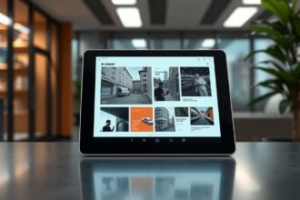 E-papír használata egy modern irodában, innovatív digitális technológiával.