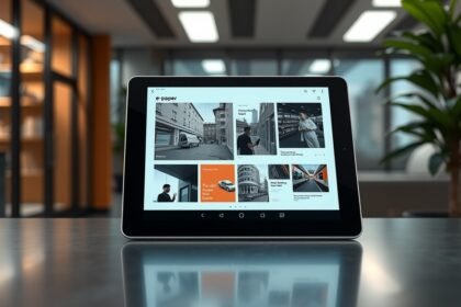 E-papír használata egy modern irodában, innovatív digitális technológiával.