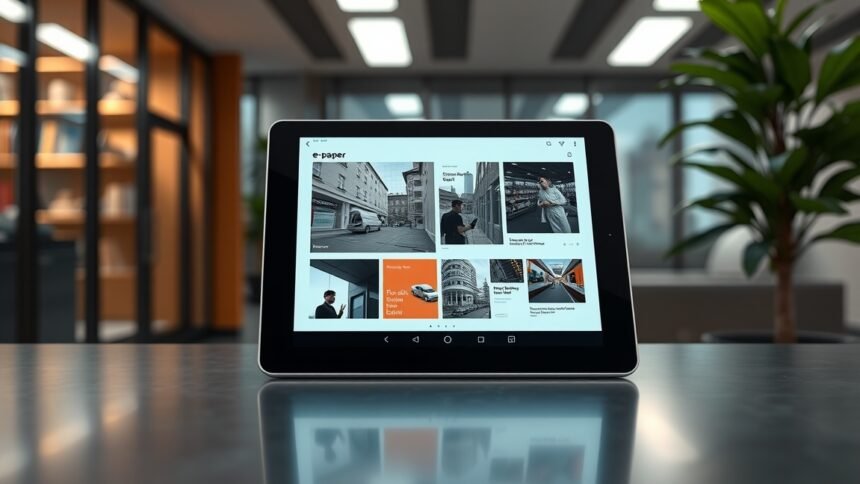E-papír használata egy modern irodában, innovatív digitális technológiával.