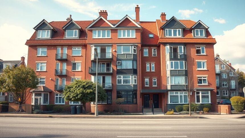 Modern társasház az utcán, zöld növényekkel körülvéve.