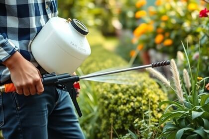 Kézi permetező használata kertben, virágok öntözése