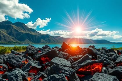 Lávakövek a természetben, napsütés és hegyek hátterében.