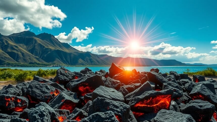 Lávakövek a természetben, napsütés és hegyek hátterében.