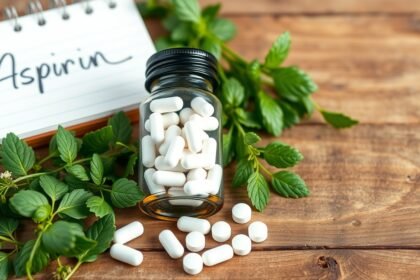 Aspirin tabletták üvegtartályban friss gyógynövényekkel