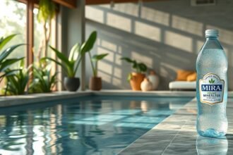 Mira gyógyvíz palack egy világos, zöld növényekkel díszített medence közelében.