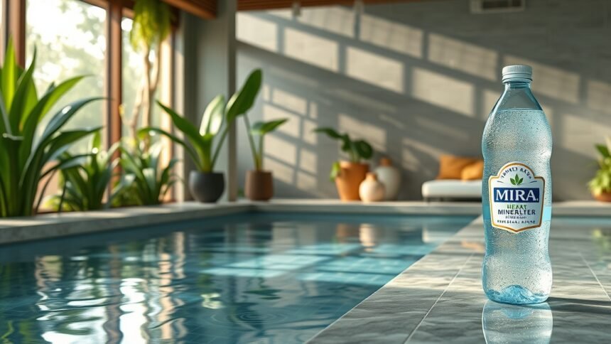 Mira gyógyvíz palack egy világos, zöld növényekkel díszített medence közelében.