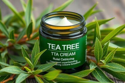 Teafa krém egy üvegben, körülvéve teafa levelekkel