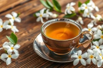 Jázminvirág tea gőzölög egy csészében, virágokkal körítve