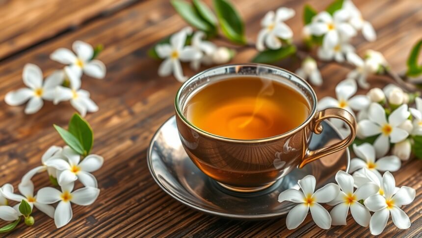 Jázminvirág tea gőzölög egy csészében, virágokkal körítve