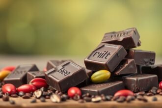 Minőségi étcsokoládé és kávébabbok egy deszkán, az agyműködés támogatására.