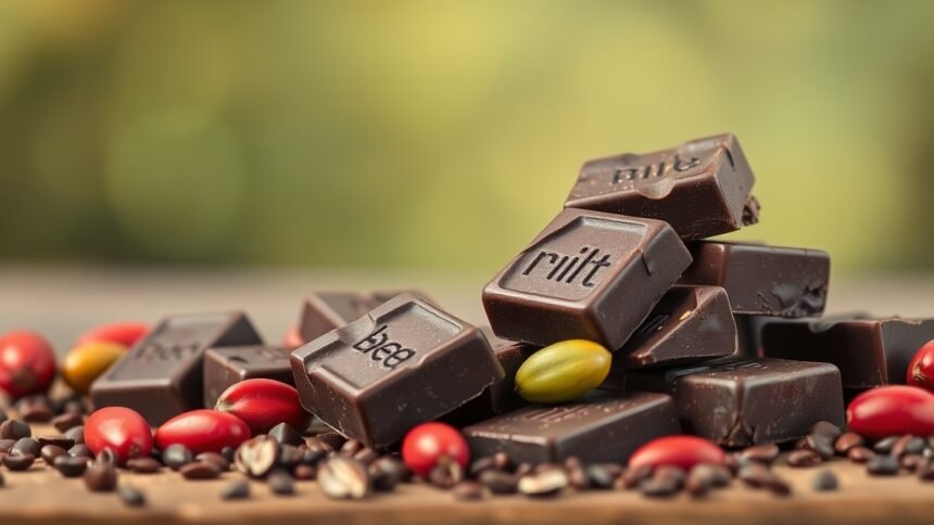 Minőségi étcsokoládé és kávébabbok egy deszkán, az agyműködés támogatására.