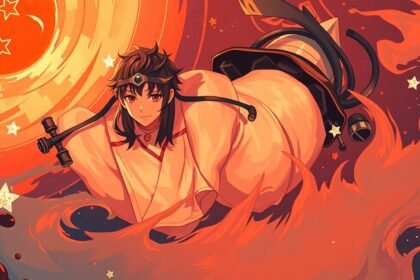 Animált karakter energikus megjelenése színes háttér előtt