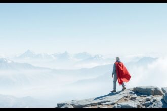 Férfi vörös köpenyben hegycsúcson a természetben, egészség szimbólumaként.