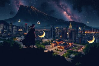 Kreatív digitális tájékskép éjszakai város fényeivel és holdakkal.