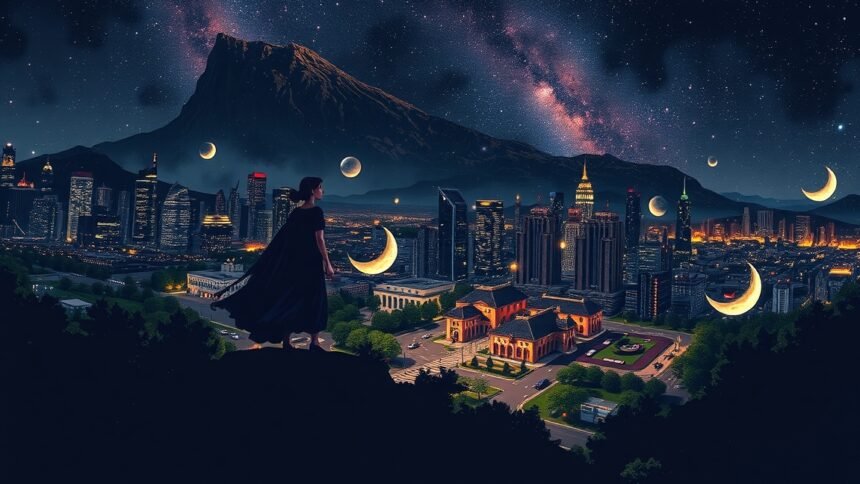 Kreatív digitális tájékskép éjszakai város fényeivel és holdakkal.