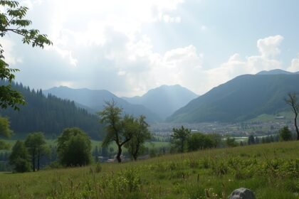 Látkép hegyekkel és fákkal, a digitális villanyórákról szóló cikkhez kapcsolódva.