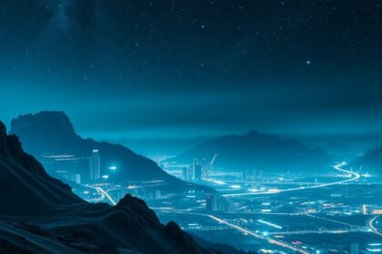 Éjszakai városi táj sötétkék fényekkel és csillagokkal