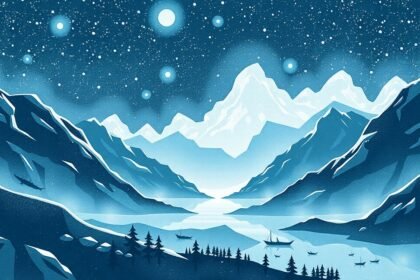 Montagnes et lac sous un ciel étoilé dans des tons bleus