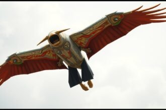 Egy különleges szárnyas figura, élénk színekkel és művészi mintázattal.