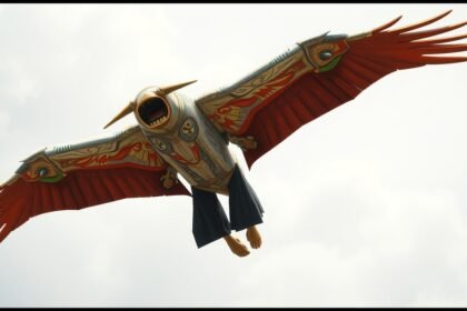 Egy különleges szárnyas figura, élénk színekkel és művészi mintázattal.