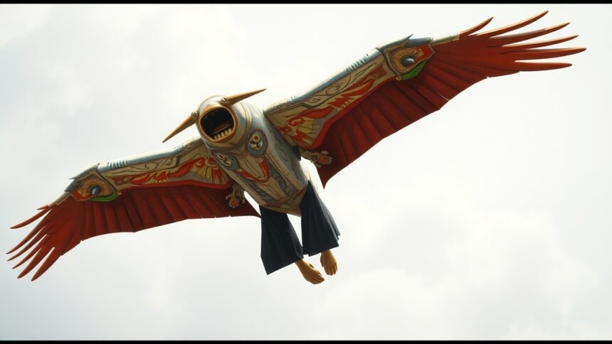 Egy különleges szárnyas figura, élénk színekkel és művészi mintázattal.