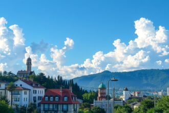 Gyönyörű panoráma a város felett a hegyekkel és felhőkkel