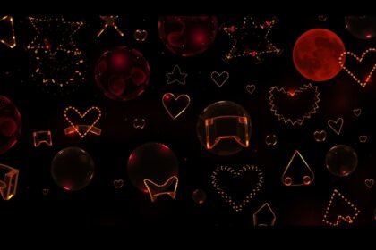 Színes absztrakt háttér, különböző formákkal és égitestekkel.