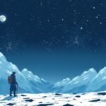 Hegyi táj a csillagok alatt, ahol egy túrázó van jelen.