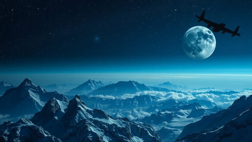 Légifelvétel víz alatti hegyekkel és teliholddal