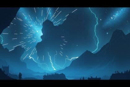 CGI ábrázolás egy csillagos égbolttal és hegyekkel